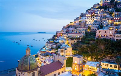 Positano, Ligurian coast, evening, sunset, mountains, seascape, Amalfi, Italy