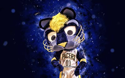 Boomer, 4k, mascot, Indiana Pacers, blue neon lights, NBA, creative, USA, Indiana Pacers mascot, NBA mascots, official mascot, Boomer mascot
