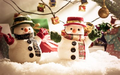 Christmas, snowmen, evening, snow, toys, figurines, winter, New Year, Merry Christmas