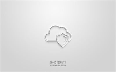 Icona 3d di sicurezza cloud, sfondo bianco, simboli 3d, sicurezza cloud, arte 3d creativa, icone 3d, segno di sicurezza cloud, icone di rete 3d