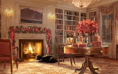 La noche de navidad, arte, chimenea, biblioteca, perro, Navidad