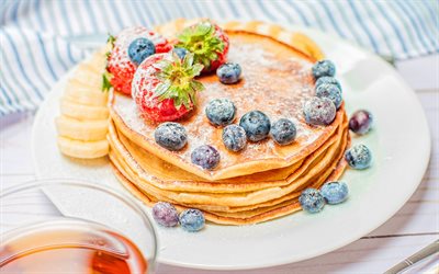 pancakes, 4k, berries, fruits, breakfast, healthy food, pancakes on plate