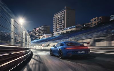 2022, Porsche 911 GT3, n&#228;kym&#228; takaa, ulkopuoli, sininen kilpa-auto, uusi sininen 911 GT3, saksalaiset urheiluautot, Porsche