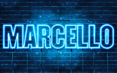 Marcello, 4k, wallpapers with names, Marcello name, blue neon lights, Marcello Birthday, Happy Birthday Marcello, popular italian male names, picture with Marcello name