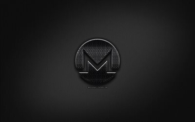 Monero black logo, cryptocurrency, grid metal background, Monero, artwork, creative, cryptocurrency signs, Monero logo