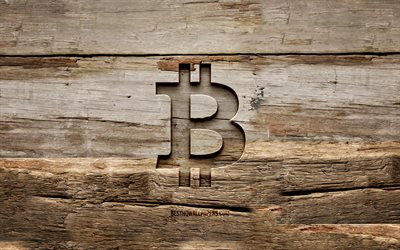 Bitcoin wooden logo, 4K, wooden backgrounds, cryptocurrency, Bitcoin logo, creative, wood carving, Bitcoin