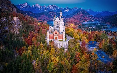 Neuschwanstein Castle, Bavarian Alps, Schwangau, mountain landscape, autumn, Alps, Bavaria, Germany