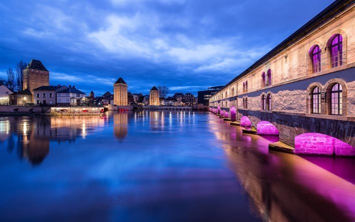 Strasbourg, nehir, Vaubana Baraj, nightscape, Fransa