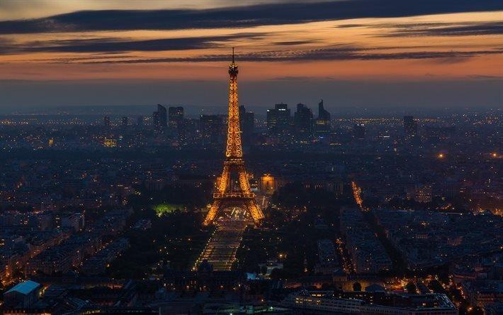 Torre Eiffel, Paris, Fran&#231;a, noite, metr&#243;pole, capital da Fran&#231;a