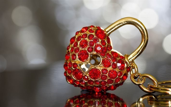 bloqueo de coraz&#243;n, candado de oro, rub&#237;es, piedras preciosas, gemas rojas