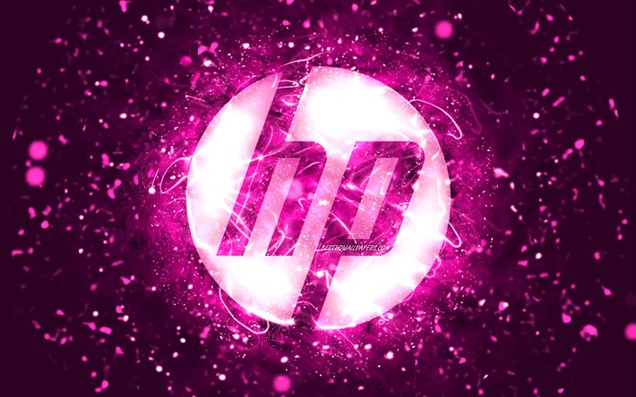 HP purple logo, 4k, purple neon lights, creative, Hewlett-Packard logo, purple abstract background, HP logo, Hewlett-Packard, HP