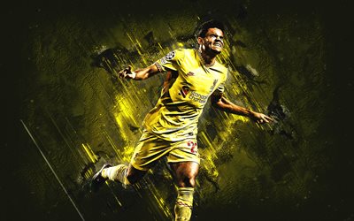 Luis Diaz, Liverpool FC, Colombian footballer, yellow stone background, football, Premier League, Diaz Liverpool, England