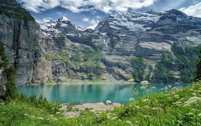 Mountain lake, spring, Svitzerland, Bernese Alps, Oeschinen Lake, Bernese Oberland, Oeschinensee