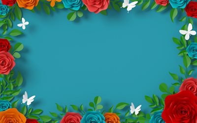 Floral frame modello, rose di carta, fiori di carta, cornice di fiori, multicolore rose cornice, fiori cornice