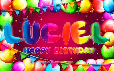お誕生日おめでとうルシエル, chk, カラフルなバルーンフレーム, ルシエルの名前, 紫の背景, ルシエルお誕生日おめでとう, ルシエルの誕生日, 人気のメキシコの女性の名前, 誕生日のコンセプト, ルシエル