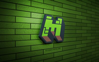 Minecraft 3D logo, 4K, green brickwall, creative, games brands, Minecraft logo, 3D art, Minecraft