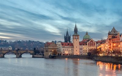 カレル橋, 夜, 日没, プラハ, ヴルタヴァ川, プラハの街並み, チェコ共和国
