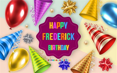 Happy Birthday Frederick, 4k, Birthday Balloon Background, Frederick, creative art, Happy Frederick birthday, silk bows, Frederick Birthday, Birthday Party Background