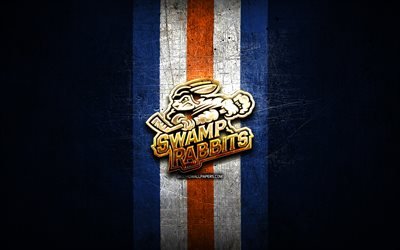 Greenville Swamp Rabbits, golden logo, ECHL, blue metal background, american hockey team, Greenville Swamp Rabbits logo, hockey