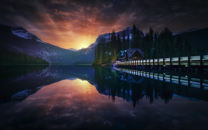 Emerald Lake, Sunrise, mountain lake, forest, Canada