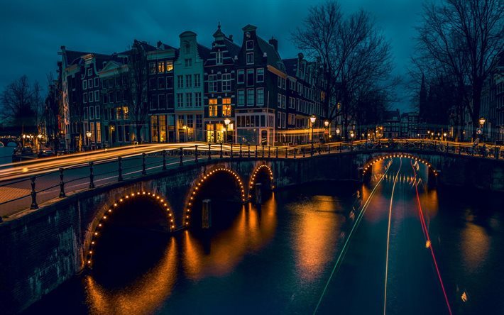 Amsterdam, trafik ışıkları, gece, k&#246;pr&#252;, Hollanda, Netherlands