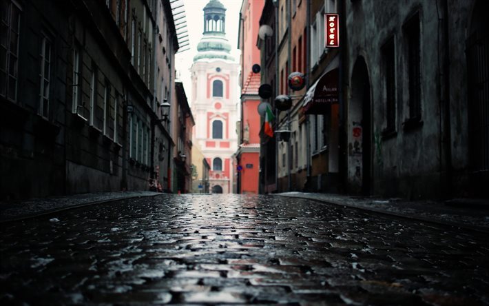 ruas da cidade, pedras de pavimenta&#231;&#227;o, Poznan, Pol&#243;nia