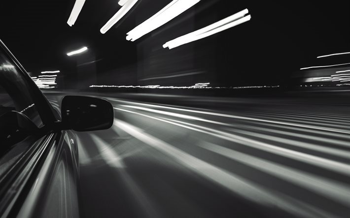speed, car, city lights, time