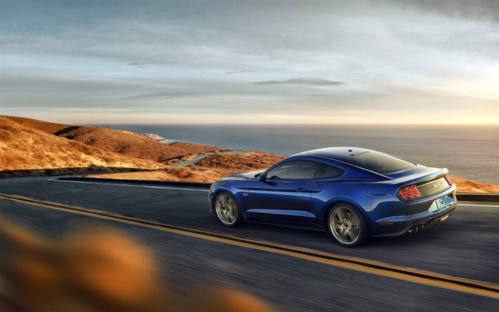 Ford Mustang GT, 2018, bleu Mustang, Ford, bleu de Ford, route, vitesse