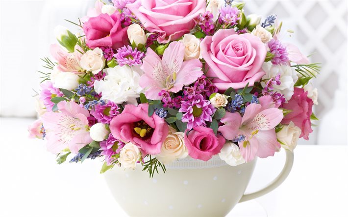 bouquet of flowers, pink roses, roses, alstroemeria, eustoma, bouquet, chrysanthemum