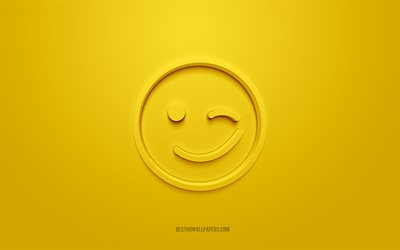Wink 3d icon, yellow background, 3d symbols, Wink Emotion, creative 3d art, 3d icons, Wink sign, Emotion 3d icons, Good mood icons