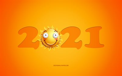 Happy New Year 2021, 2021 3d sun background, 2021 nocepts, 2021 yellow background, 2021 New Year, smile emotion, 2021 art