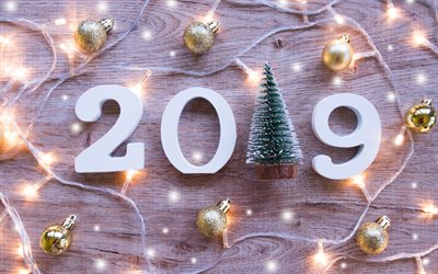 2019 concepts, New Year, garlands, Christmas tree, Christmas, 2019 year, wooden letters, light wooden texture