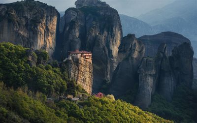 Meteora, mountain monastery, evening, sunset, mountain landscape, Krasi Matarov, Thessaly, Greece, Eastern Orthodox monasteries, Europe