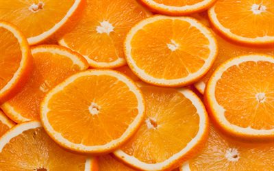 fette di arance, sfondo di arance arancioni, arance, sfondo di frutta, agrumi, sfondo di fette di arance