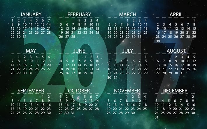2017 Calendar, green 2017 calendar, 2017 year calendar