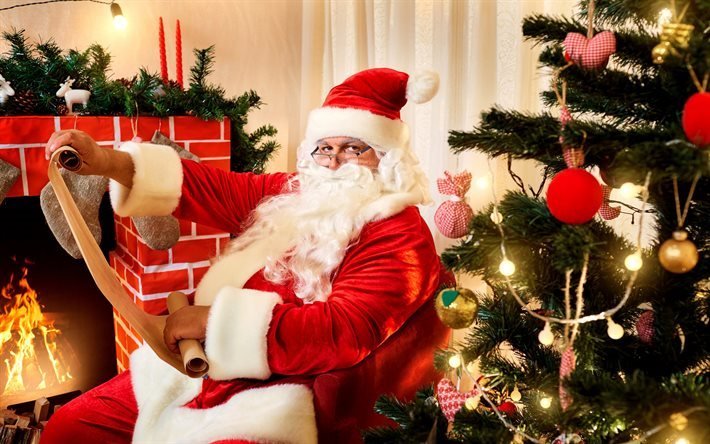 Santa Claus, xmas tree, lahjoja, Uusi Vuosi, Joulu