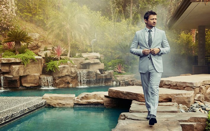 Jeremy Renner, American actor, man in a suit, swimming pool
