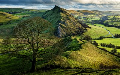 4k, Chrome Hill, Parkhouse Hill, HDR, la hermosa naturaleza, el Peak District, y el Parque Nacional, Derbyshire, Inglaterra, Gran Breta&#241;a, Europa