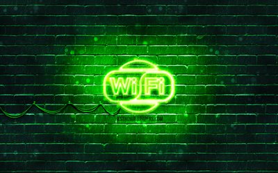 Wi-Fi green sign, 4k, green brickwall, Wi-Fi sign, artwork, Wi-Fi neon sign, Wi-Fi