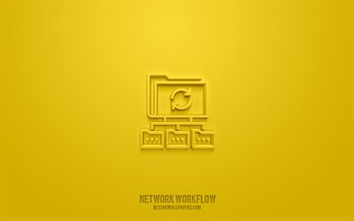 Network workflow 3d icon, yellow background, 3d symbols, Network workflow, business icons, 3d icons, Network workflow sign, business 3d icons