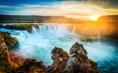 Godafoss, sunset, 4k, waterfall, Icelandic landmarks, Skjalfandafljot River, waterfalls of Iceland, beautiful waterfall, Iceland