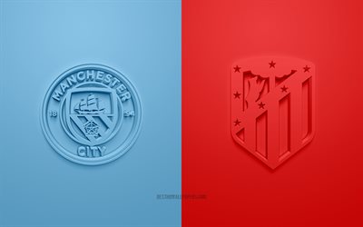 Manchester City FC vs Atletico Madrid, 2022, UEFA Champions League, Quarterfinals, 3D logos, blue red background, Champions League, football match, 2022 Champions League, Manchester City FC, Atletico Madrid