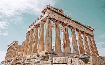 parthenon, 4k, abstrakt stadsbilder, vektorgrafik, grekiska landm&#228;rken, kreativa, grekiska turistattraktioner, parthenon ritning, akropolis, grekland, europa, aten