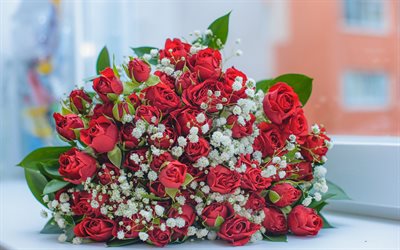 bouquet de roses rouges, bouquet de fleurs, bouquet de mariage, roses rouges, bouquet de roses, bouquet de mari&#233;e, arri&#232;re-plan avec des roses rouges