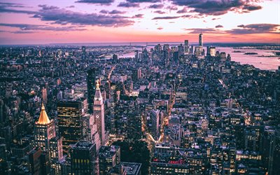 a cidade de nova york, 4k, p&#244;r do sol, manhattan, modernos edif&#237;cios, cidades norte-americanas, arranha-c&#233;us, do horizonte de nova york, nova york paisagem urbana, eua