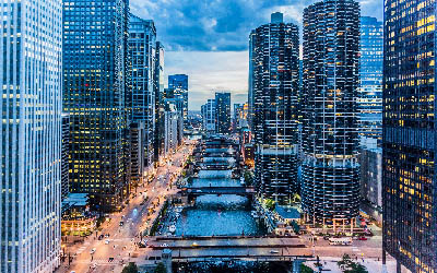 4k, chicago, los rascacielos, los centros de negocios, tarde, puesta de sol, modernos edificios, paisaje urbano de chicago, illinois, estados unidos