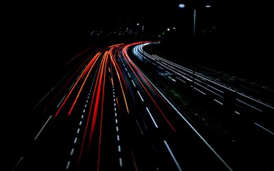 night, highway, car headlight lines, light lines of car headlights, road with light lines, movement concerts