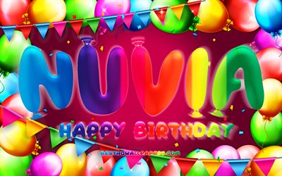 Happy Birthday Nuvia, 4k, colorful balloon frame, Nuvia name, purple background, Nuvia Happy Birthday, Nuvia Birthday, popular mexican female names, Birthday concept, Nuvia