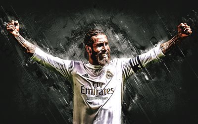 Sergio Ramos, Spanish footballer, Real Madrid, La Liga, Champions, gray stone background, football