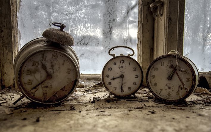 old clock, alarm clock, web, window sill
